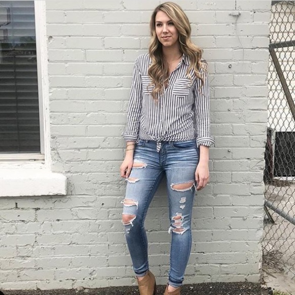 Gray & White Striped Button Down Top
